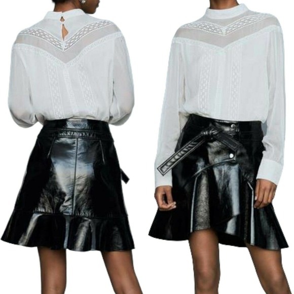 MAJE Faux Cuir Vinyl Skirt Jupe Leather Black Asymmetrical Mini Belt 40 Med NWT - Picture 2 of 11